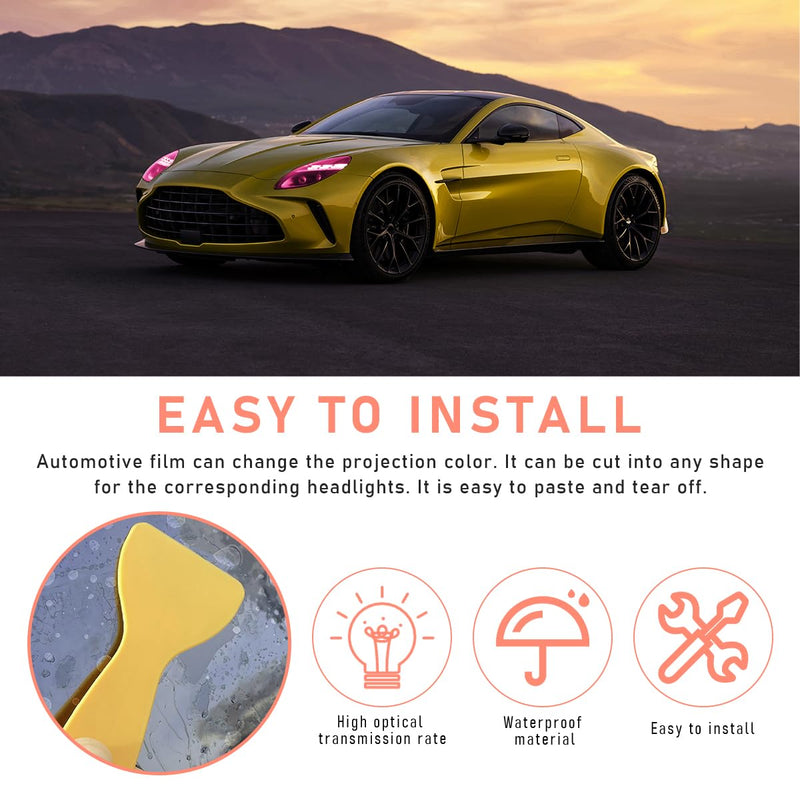 Car Light Tint Film, 12×48 Inch Tint Vinyl Wrap Film Roll with Squeegee and Cutter, Self-Adhesive Film Sticker for Car Headlights Tail Lights Fog Lights, Car Accessories (Pink)