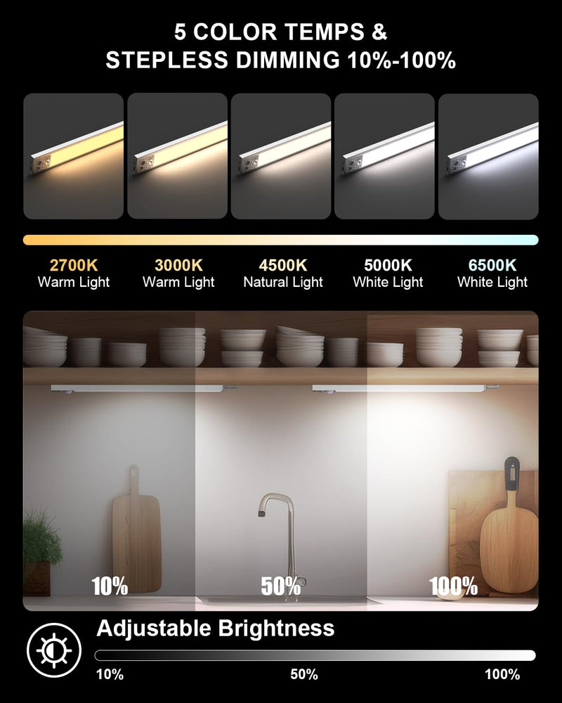 Under Cabinet Motion Sensor Lighting - 16 Inch Wireless Under Cabinet Lighting, Rechargeable with Magnetic Mount, 5CCT Adjustable for Kitchen/Hallway (White, 2-Pack) 16 Inches