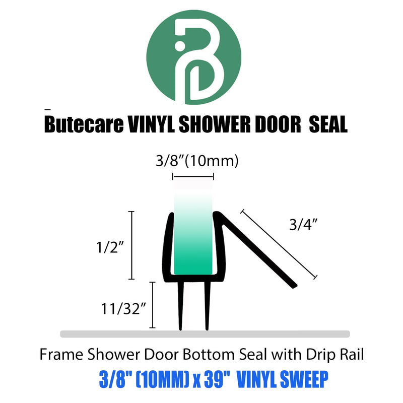 2-Pack Butecare Frameless Shower Door Bottom Seal for Glass Doors – Stop Shower Leaks and Create a Water Barrier (3/8” x 39”) Bottom sweep -3/8''