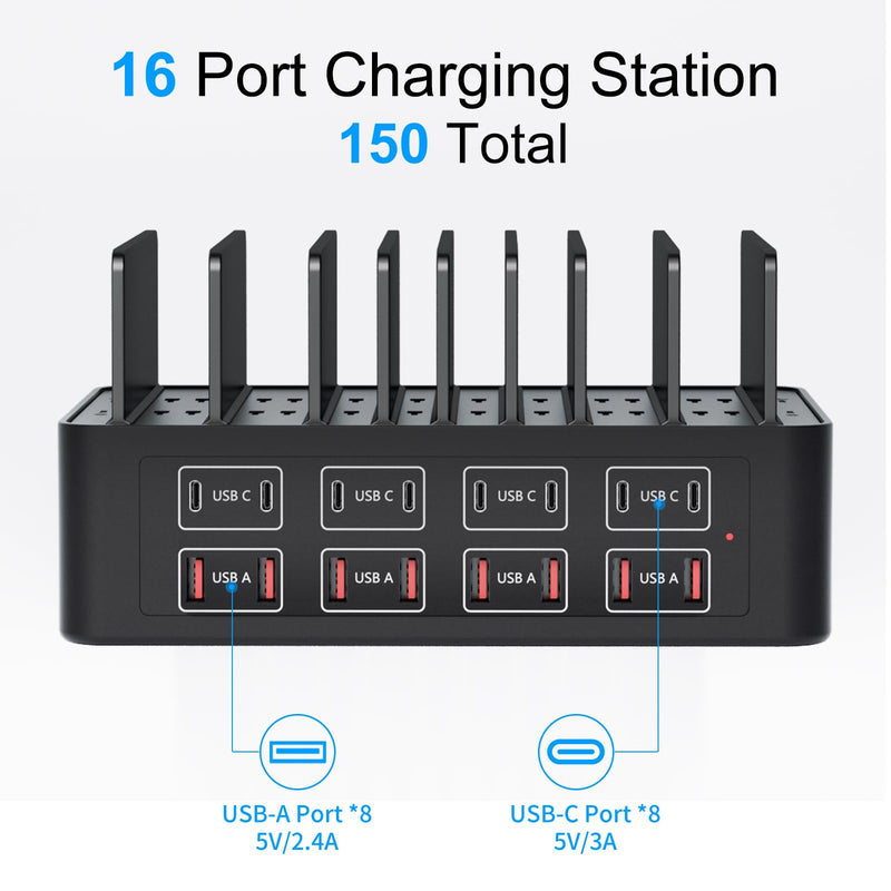 150W/35A Charging Station for Multiple Devices, 16 Port USB C Fast Charging Station with Adjustable Dividers - Organizer Charging Dock for Smartphone, iPad, Kindle, Tablet & More
