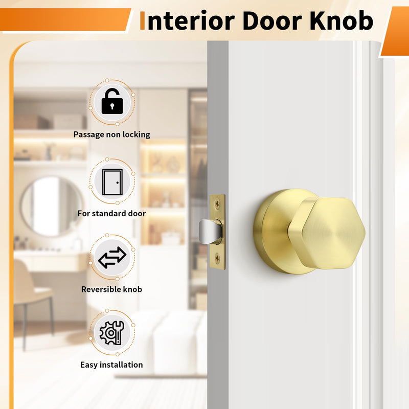 Probrico Brushed Brass Door Knobs, Gold Door Knob Interior, Hexagon Passage Door Knobs for Closet Hallway, 1 Pack