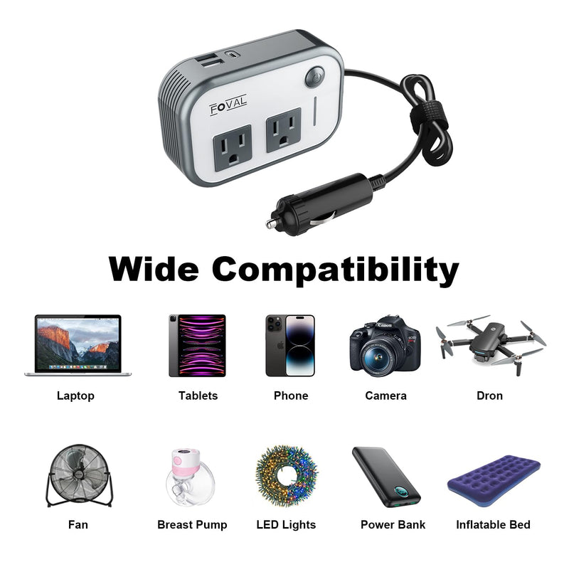 FOVAL 200W Car Power Inverter, DC 12V to 110V AC Car Laptop Charger Fast Charger Converter with [27W PD USB-C] & Dual USB Ports Multi-Protection Car Outlet Adapter Power Inverter for Vehicles