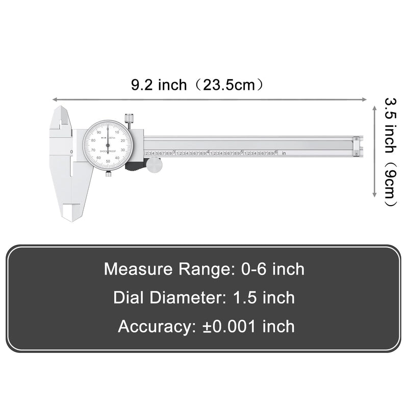 HDLNKAK Dial Caliper Shockproof Dial Caliper Precision Caliper with Watch 0-6" Range, 0.001” Resolution 6 Inch with 0.001" Precision Calipers 4-Way Measurement with Plastic Case Dial Caliper 0-6'' Range