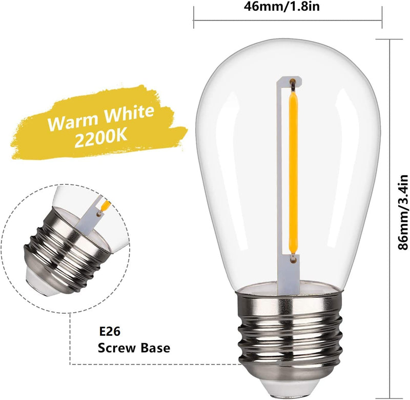48 Pack S14 LED String Light Bulbs, 1W Shatterproof & Waterproof Outdoor Indoor Replacement Bulbs, E26 Base Edison LED Light Bulbs Warm White 2200K. (S14 48Pack) S14 48Pack