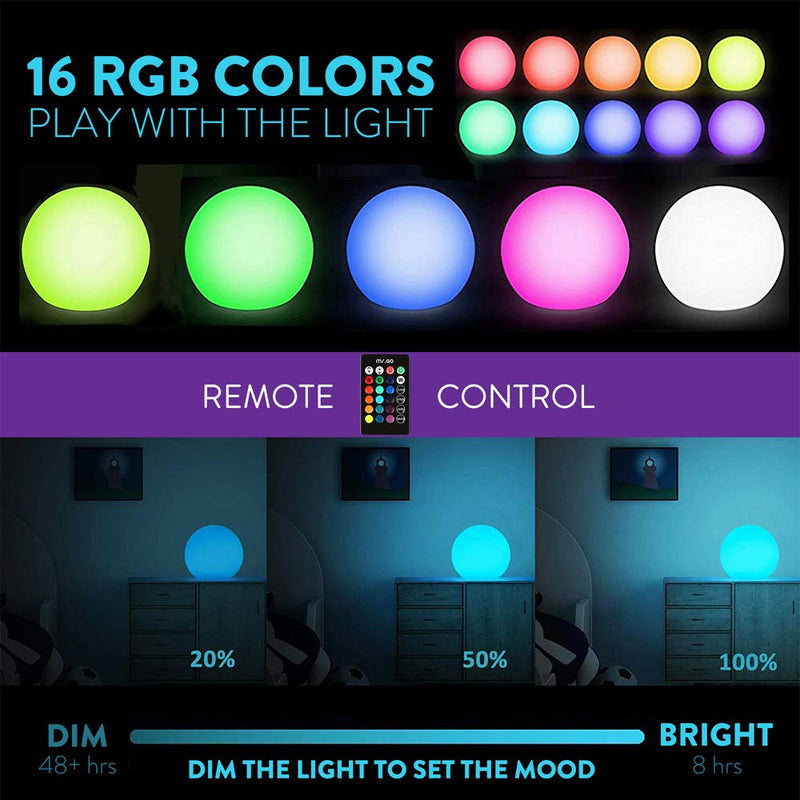 Mr.Go 8-inch Ultra-Fun LED Glowing Ball Light w/Remote, RGB Color Changing Globe Mood Lamp, 16 Colors 8 Brightness 4 Lighting Modes, Waterproof, Rechargeable & AC Adapter Power, Stunning Light Orb Ball 8"