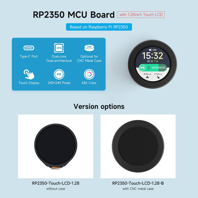 Waveshare RP2350 MCU Board, with 1.28inch Round Touch LCD, Dual-core & Dual-Architecture Design, 240×240 Pixels, 65K Color, IPS Panel, with Case