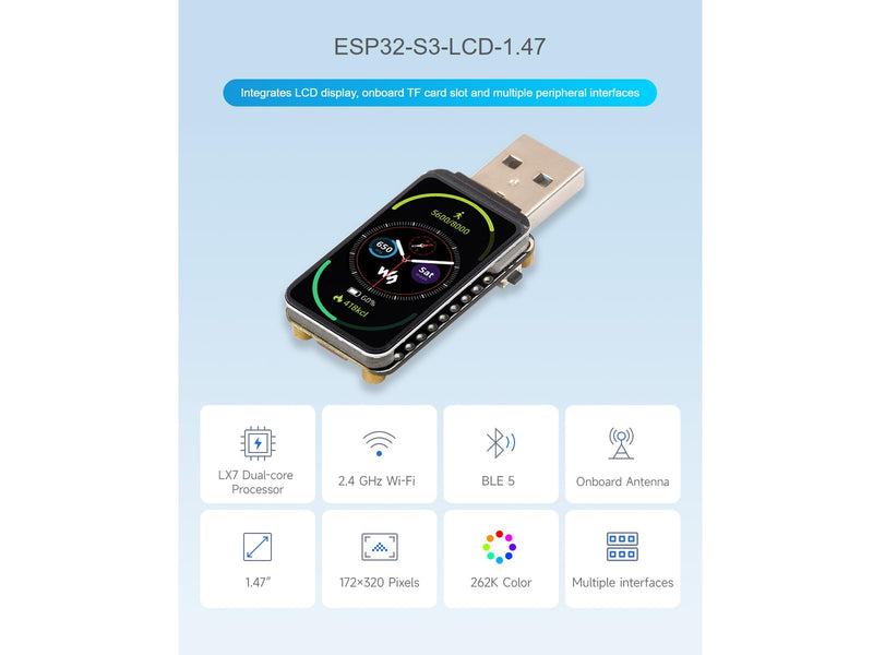 waveshare ESP32-S3 1.47inch Display Development Board,172×320 Resolution 262K Color RGB LED,Supports Multiple Peripherals