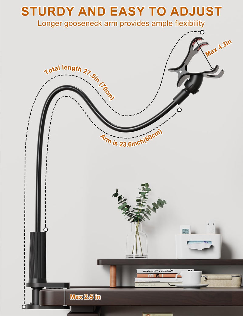 Phone Holder for Bed, Gooseneck Phone Holder for Desk Bedside Table, Flexible Gooseneck Long Arm Stand with Adjustable 360°Cell Phone Mount Clamp Clip for iPhone and All 4-7" Phone