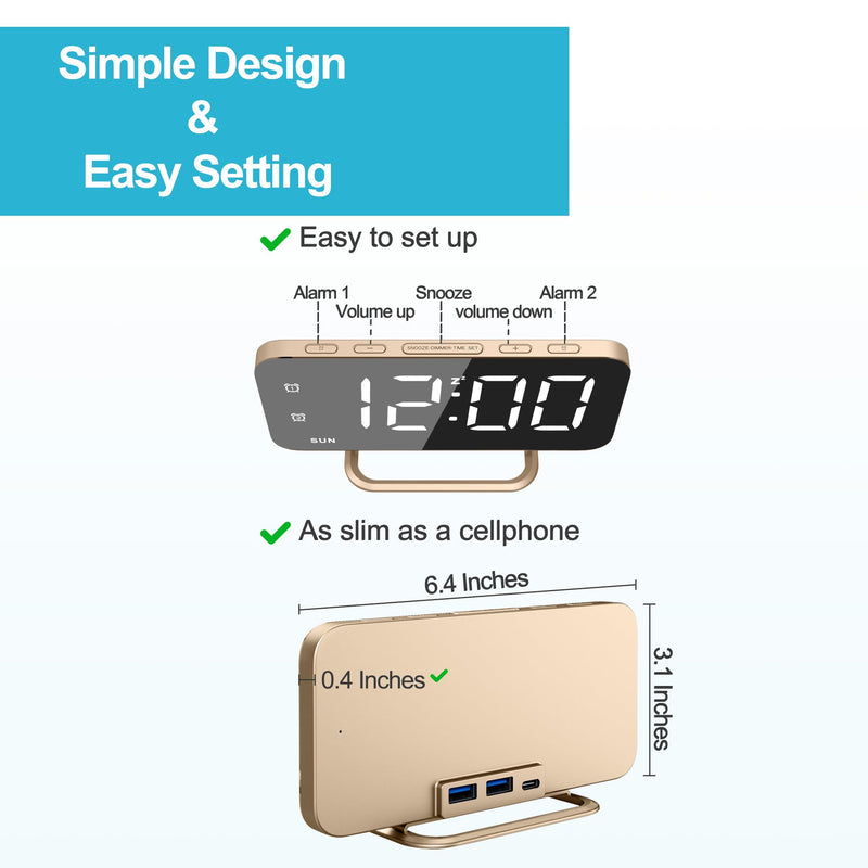 Slim LED Digital Alarm Clock, Mirror Surface for Makeup, with Diming, Large Display, Easy Setting, USB Charger Ports, Modern Bedroom, Desk, Office Living Room Decor, Christmas Birthday for Women Girl Gold