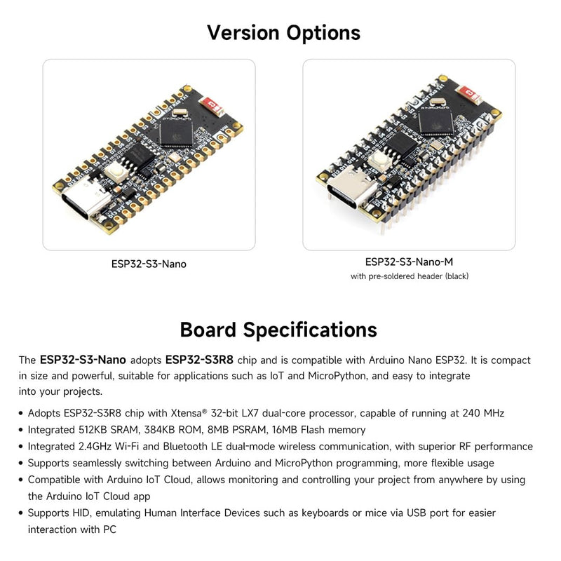 Waveshare ESP32-S3-Nano Development Board, Based On ESP32-S3R8, Compatible with Arduino Nano ESP32, with pre-soldered Header