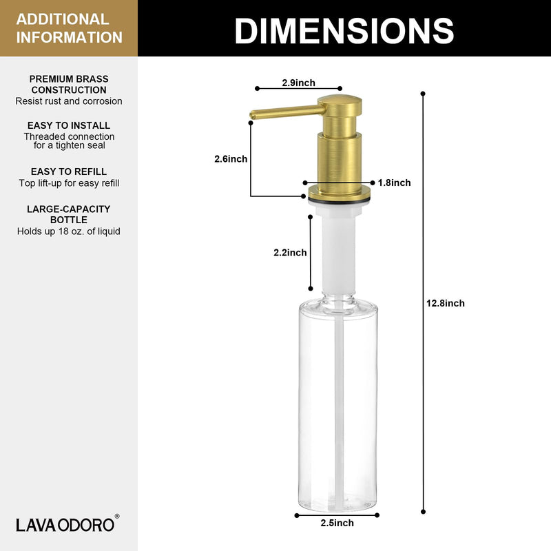 Lava Odoro Gold Soap Dispenser for Kitchen Sink, Modern Brass Built in Countertop Pump Dispenser with 18 Oz Refillable Bottle, Kitchen Soap and Lotion Dispenser Spot-Free, Brushed Gold, KSD-21