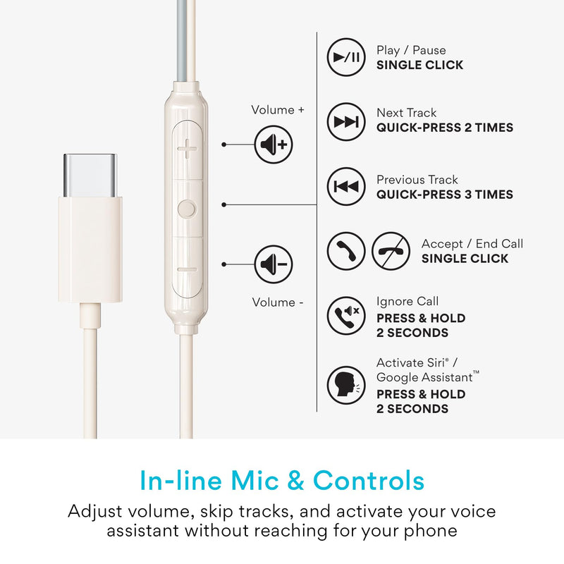 MEE audio SleepTones USB-C Wired Sleep Earbuds for Side Sleepers with Lightweight Low-Profile Silicone Earpieces, Noise Reduction Sleeping Headphones with Built-in Mic & Volume Controls (Beige)