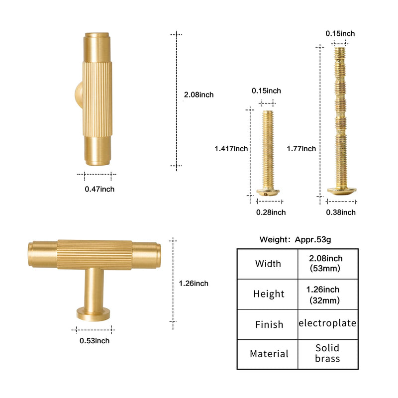 SALISENG - 6 Pack Brushed Gold Drawer Knobs, Solid Brass Dresser Kitchen Bathroom Cabinet Pulls, 2.08 Inch T Bar Handles Furniture Hardware for Cupboard Closet