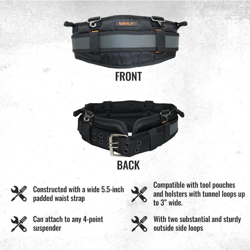 WOLF WTH2110 Heavy-Duty Ballistic Padded Tool Work Belt | Compatible w/Pouches, Holsters & 4-Point Suspenders | Body Waist Comfort Lightweight Breathable | Contractors Handyman | Tongue Buckle Large