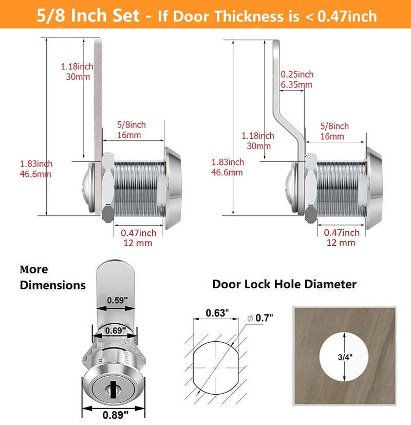 5/8 Cam Locks - 5/8 Diameter Cam Lock Keyed Alike Cabinet Locks Secure Files Drawers Mailbox RV Cylinder Replacement Lock Set, Camper Door Tool Box, Zinc Alloy(12 Pack) 5/8inch