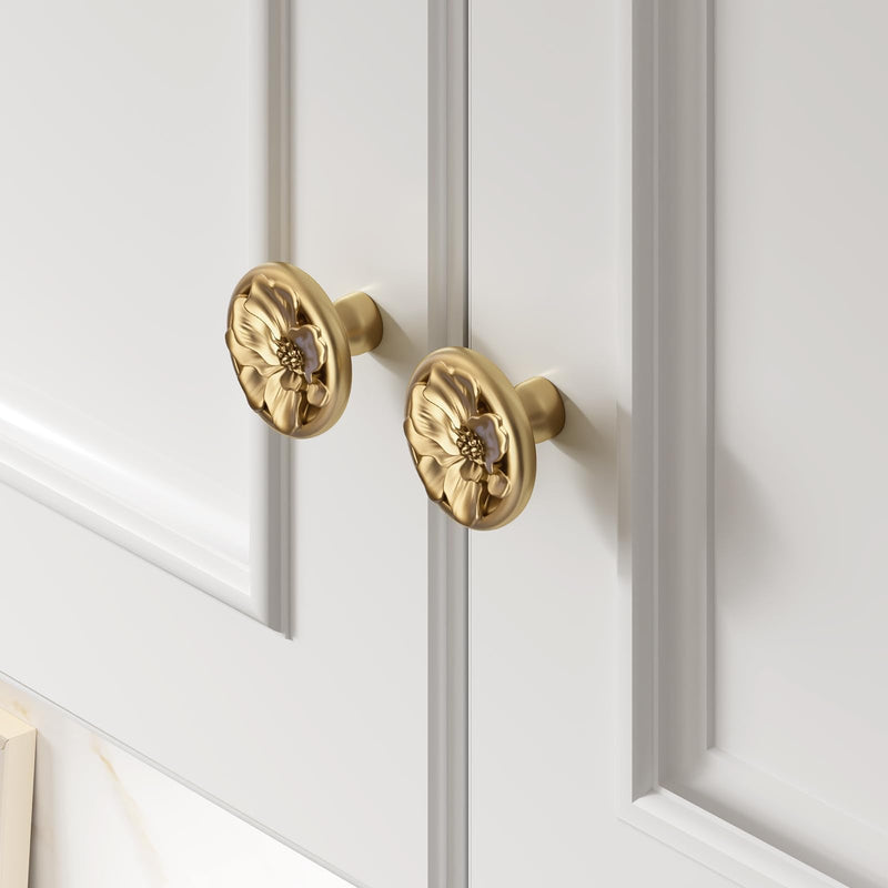 Rergy 4 Pack Cabinet Knobs for Drawer Dresser Closet, Flower Shape Lemen Gold Drawer Knobs, Brushed Brass Cabinet Hardware, Pulls Handles Single Hole Lemon Gold