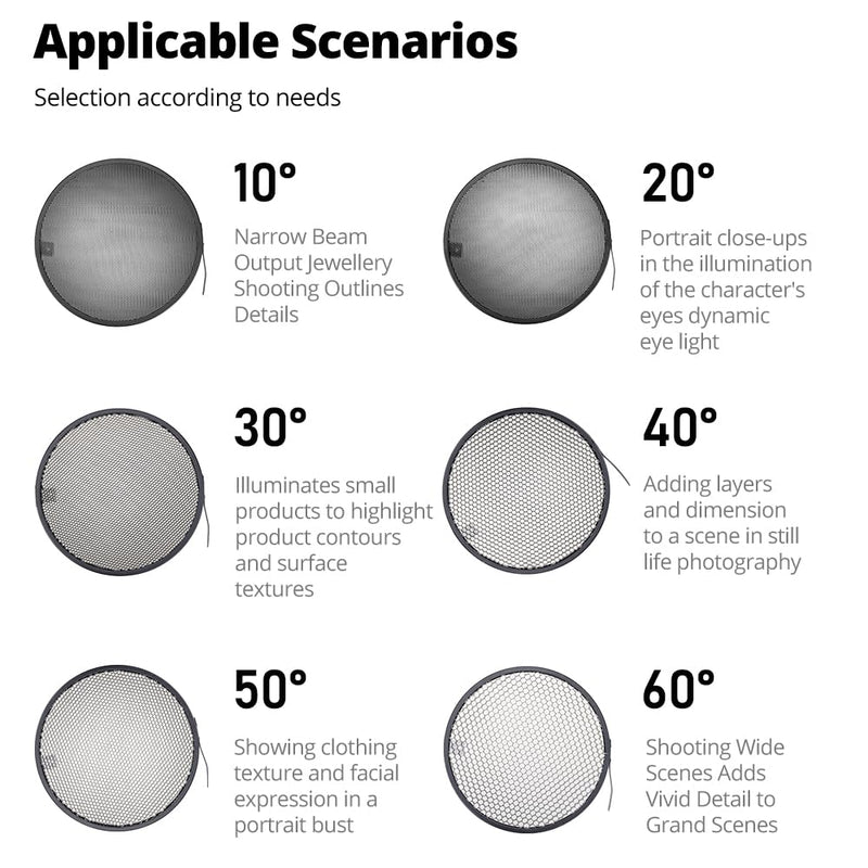 Ambitful HC-06 Honeycomb Kit - 6 pcs 10°/20°/30°/40°/50°60° Standard Reflector Honeycomb (6.69inch/17cm) with Protective Bag Compatible with 7'' Standard Reflector
