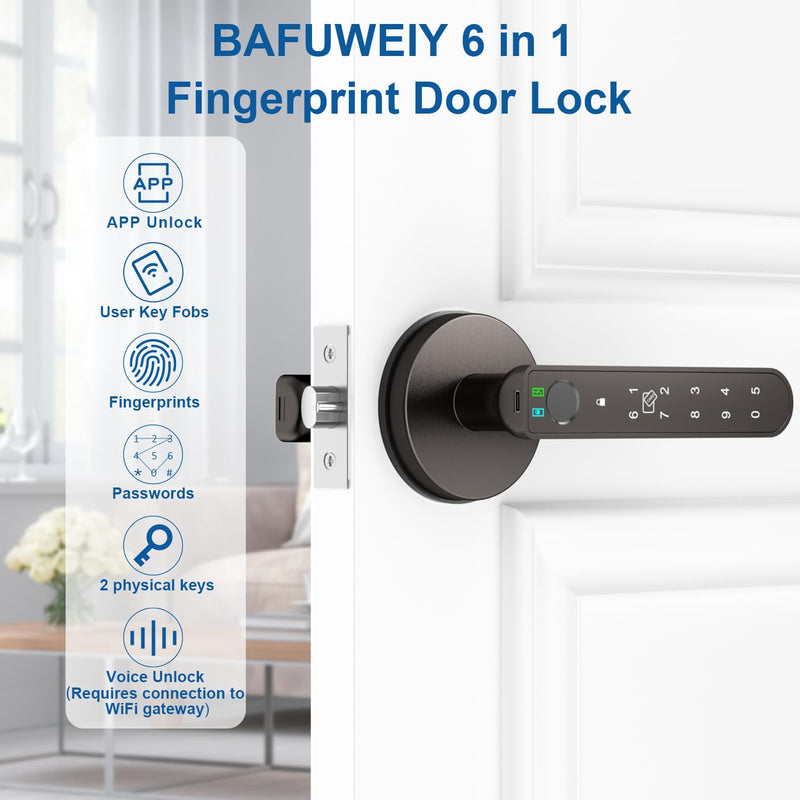 Fingerprint Door Lock, 6-in-1 Smart Door Knob with App Control/Fingerprints/IC Cards/Passwords/2 Keys, Fingerprint Door Knob Biometric Door Lock for Bedroom Apartment-Coffee Brown Coffee Brown