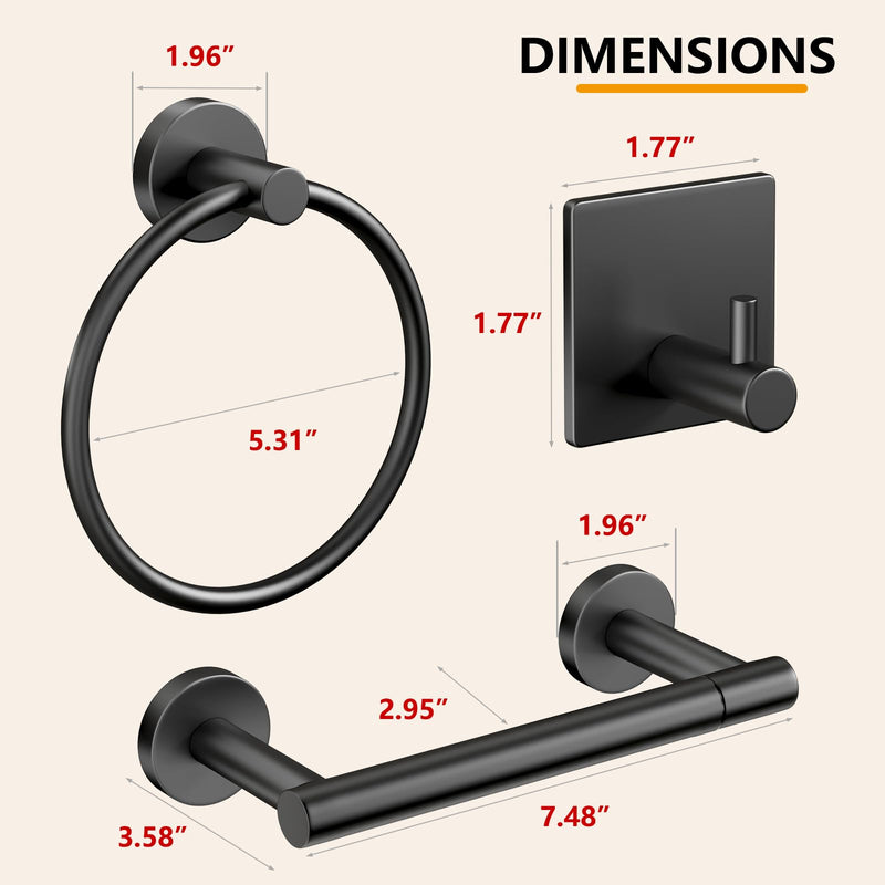 Pokim Matte Black Bathroom Hardware Set - SUS304 Stainless Steel Toilet Paper Holder,Towel Ring and 2 Robe Hooks,Rustproof,Wall Mounted 4 Piece Bathroom Accessories,Easy Installation for Bathroom