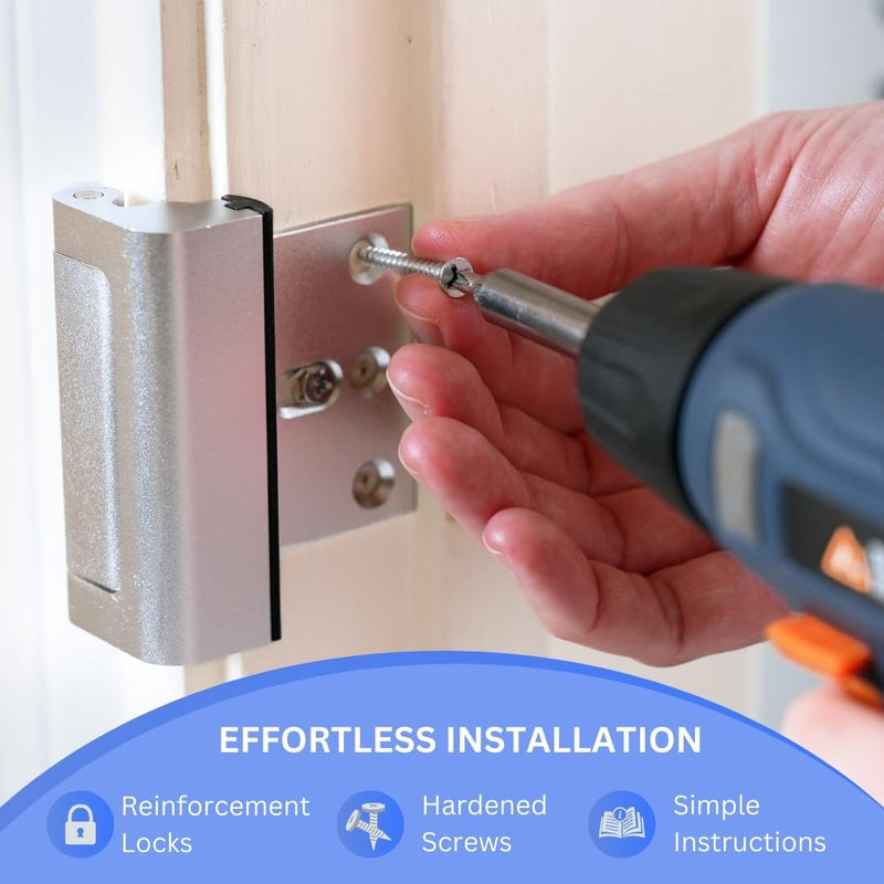 A-Four Home Security Door Reinforcement Lock 3 Pack - Durable Aluminum Alloy, Withstands 800 lbs of Force, Family and Child Safety Locks for Doors with 24 Stainless Steel Screws, Silver Finish Pack of 3