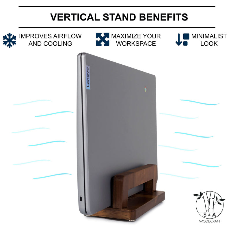 S&A WOODCRAFT Brown Acacia Wood Vertical Laptop Stand, Adjustable Wooden Laptop Holder, Non-Slip Laptop Dock Compatible with Apple MacBook, Microsoft Surface, Gaming Laptops, IPad, Tablets 1 Slot