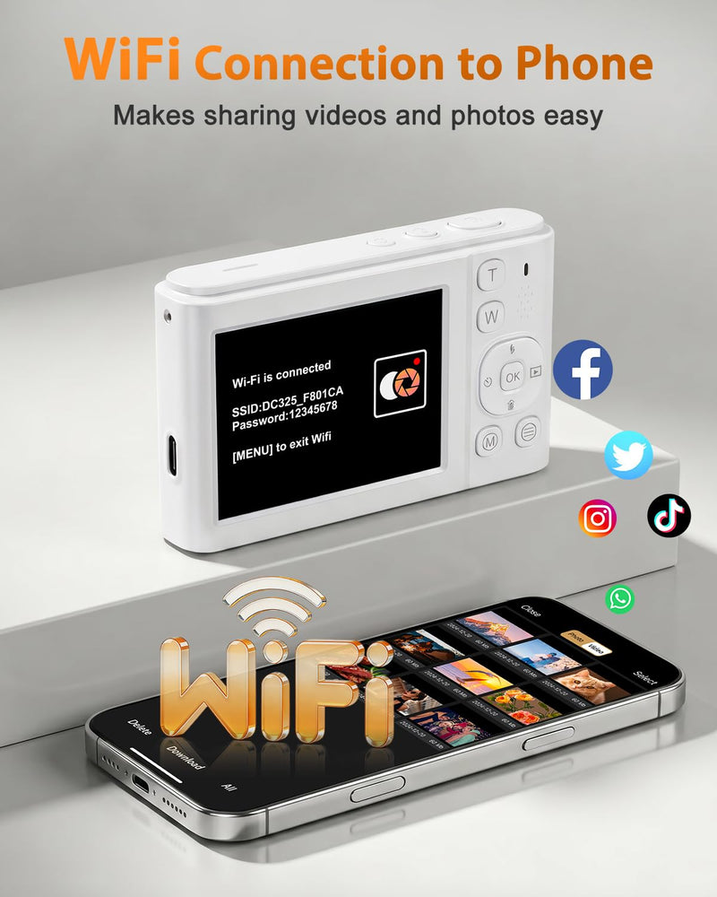 8K Digital Camera for Photography 96MP WiFi Dual Screen Camera for Kids | Vlogging Camera with 16X Zoom, Compact Point and Shoot Travel Camera for Teens Beginners with SD Card, 2 Batteries White