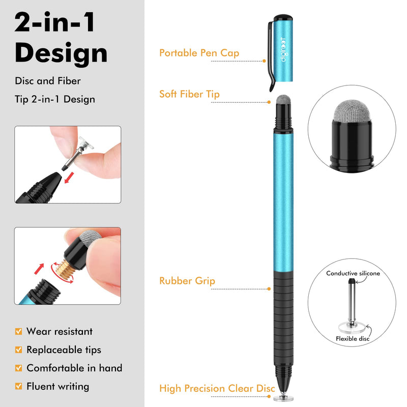 Digiroot Universal Stylus,[2-in-1] Disc Stylus Pens for All Touch Screens Cell Phones, iPad, Tablets, Laptops with 6 Replacement Tips(4 Discs, 2 Fiber Tips Included) - (Blue) Blue