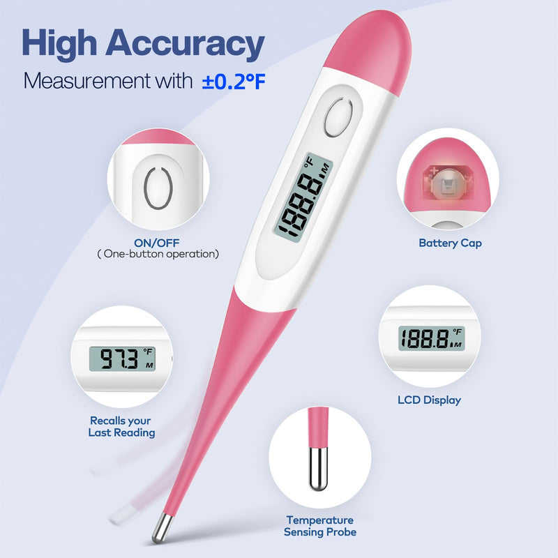 Boncare 10 Seconds Oral Thermometer for Adults and Kids (Pink) | Accurate & Safe Rectal Thermometer for Baby with Fever Alarm, Digital Thermometer
