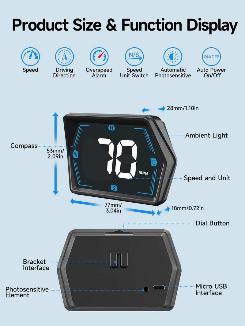 Moman Car HUD Digital Speedometer for Car Head Up Display KM/H MPH Compass Direction USB Cable Plug & Play Over Speed Alert for All Vehicle