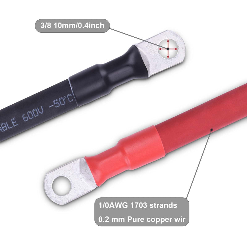 1/0 AWG Flexible Battery Cable with 3/8" Terminals - OFC Pure Copper Inverter & Welding Wire for Automotive Solar RV Motorcycle (Red + Black 1FT Pair) 1/0AWG 3/8" 1 FT Black + 1 FT Red