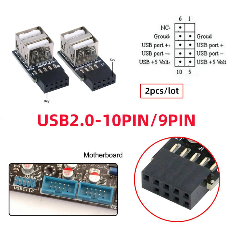 xiwai 2pcs/lot 9Pin 10Pin Header Motherboard Internal to Dual USB 2.0 Female Adapter Converter Horizontal Type High Speed 480 Mbps for Laptops, Tablets
