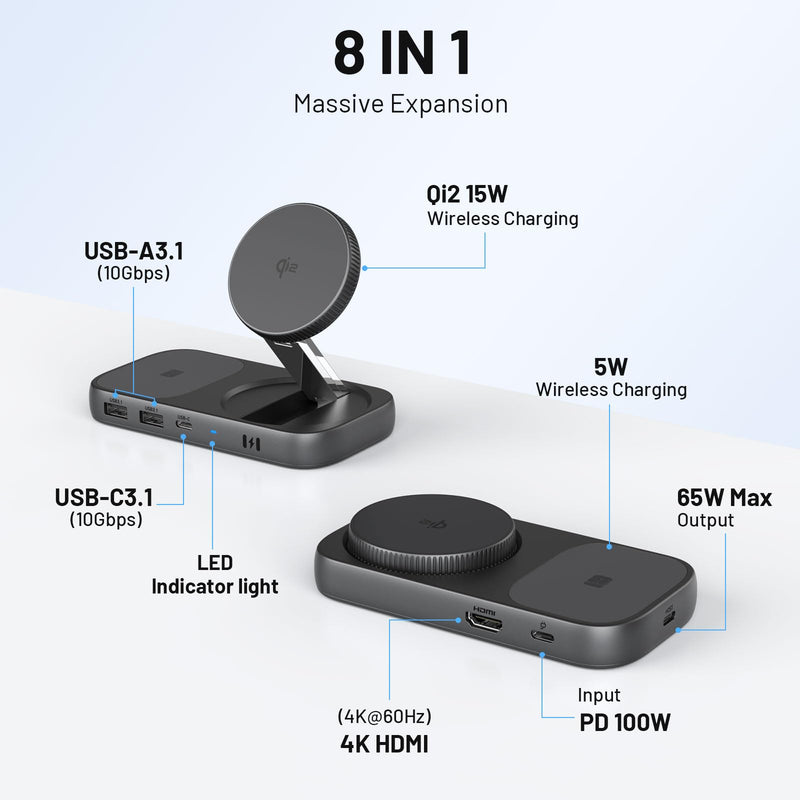 Selore USB C Hub with Wireless Charging for MacBook: 4K@60Hz HDMI, 100W PD, 15W Qi2 + 5W Wireless, 10Gbps Ports, iPhone Mirroring Docking Station & Magsafe Stand, Space-Saving Desk Organizer(Black) Black