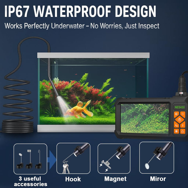49.2 Feet Inspection Endoscope Camera with Light, 1080P HD Borescope Camera with Light, 4.3" IPS Screen, IP67 Waterproof Sewer Borescope, 49.2Ft Semi-Rigid Cord Drain Pipe Endoscope Cool Gadgets Tool 49FT