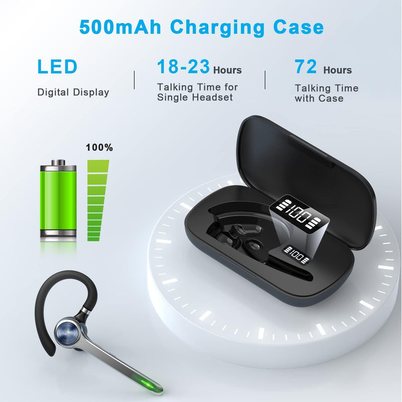 HEIBAS Bluetooth Headset, Wireless Earpiece with Mic for Work | 72H Playtime, 500mAh Charging Case, Hands-Free Calling with Mute Button for Work, Trucker, Office, Driving, iPhone, Black