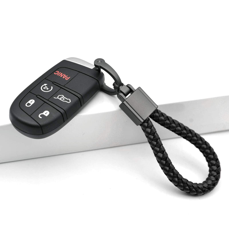 FEYOUN Universal Black Leather Car Fob Keychain Metal Keyring Woven Strap Braided Rope Key Chain for Men and Women - Matte Black Color, with 360 Degree Rotatable D-ring and Screwdriver Black and Matte Black