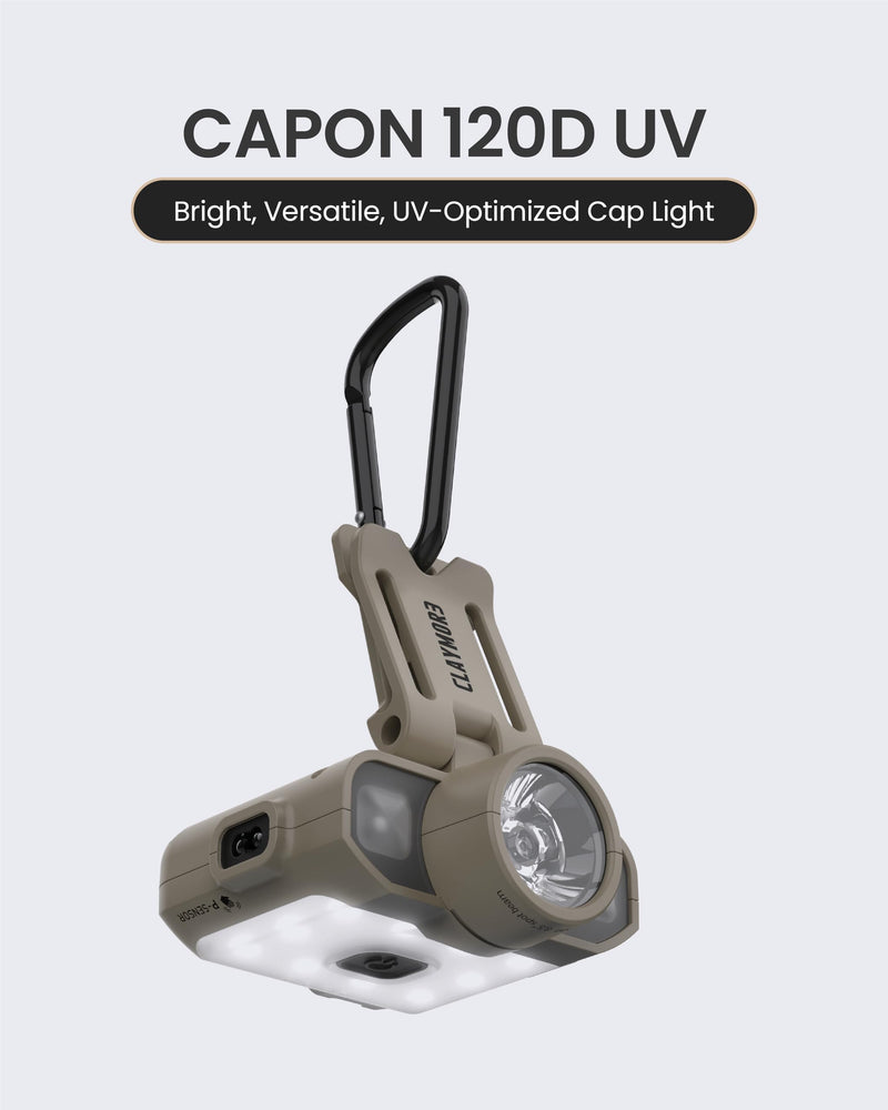 Claymore Capon 120D UV (Tan) - LED Rechargeable Clip-On Cap Headlamp, Lightweight Hat Light for Camping, Running, Hiking, Emergency & Industrial Use, Waterproof, Up to 45 Hours of Battery Life. 120D UV (Tan)