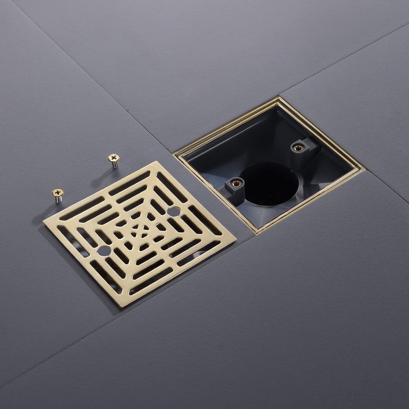 4-1/4 Inch Brushed Gold Shower Drain Square, Base with Adjustable Drain Flange Kit PVC, Removable Grille Strainer Drain Cover with Screws, SUS304 Stainless Steel Brass Face