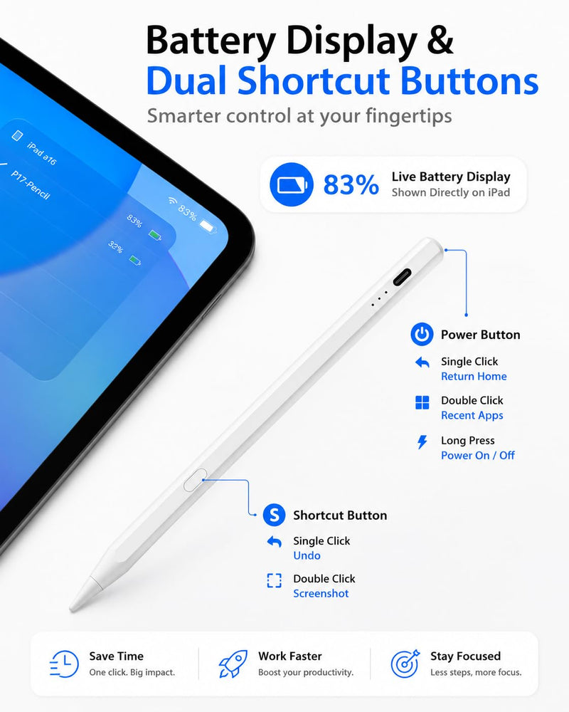 Stylus Pen for iPad with Battery Display & Dual Shortcut Buttons, Palm Rejection, Tilt Sensitivity, Magnetic Attachment, USB-C Fast Charging, Compatible with iPad Pro/Air/Mini 2018-2026 - White