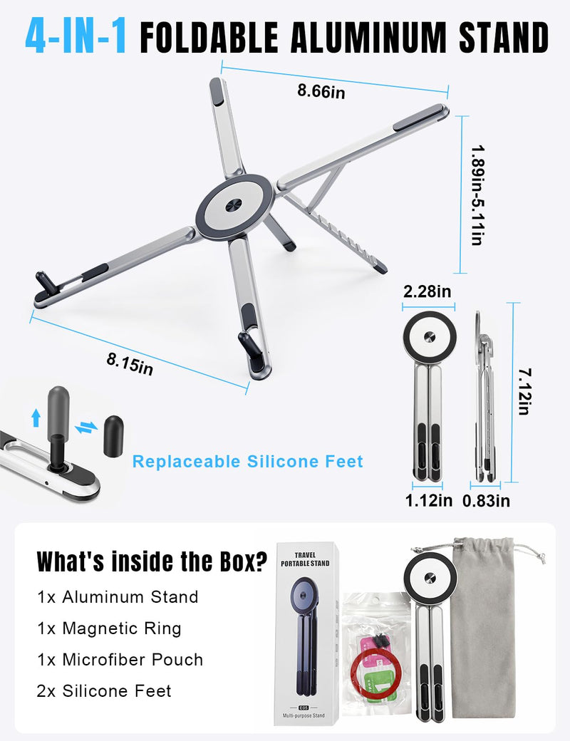 4-in-1 Foldable Laptop Stand & Magnetic Phone Holder, Silver Aerospace Aluminum Portable Desk Mount with N52 MagSafe Compatible Tripod Handle for MacBook Pro, iPad, Travel & Vlogging