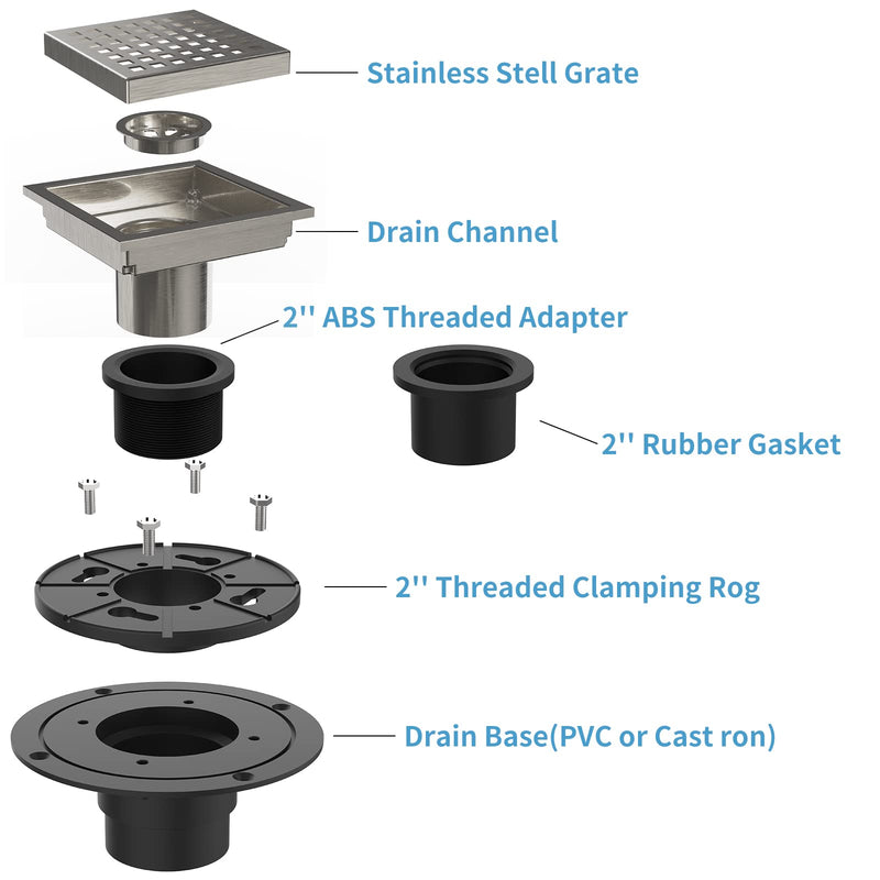 4 Inch Square Shower Floor Drain, Brushed Nickel High Flow Shower Drain Kit with Flange with Hair Filter, Removable Grate Cover, Stainless Steel, Abs Fixing Tray, CUPC Certified(Brushed Nickel) 4"