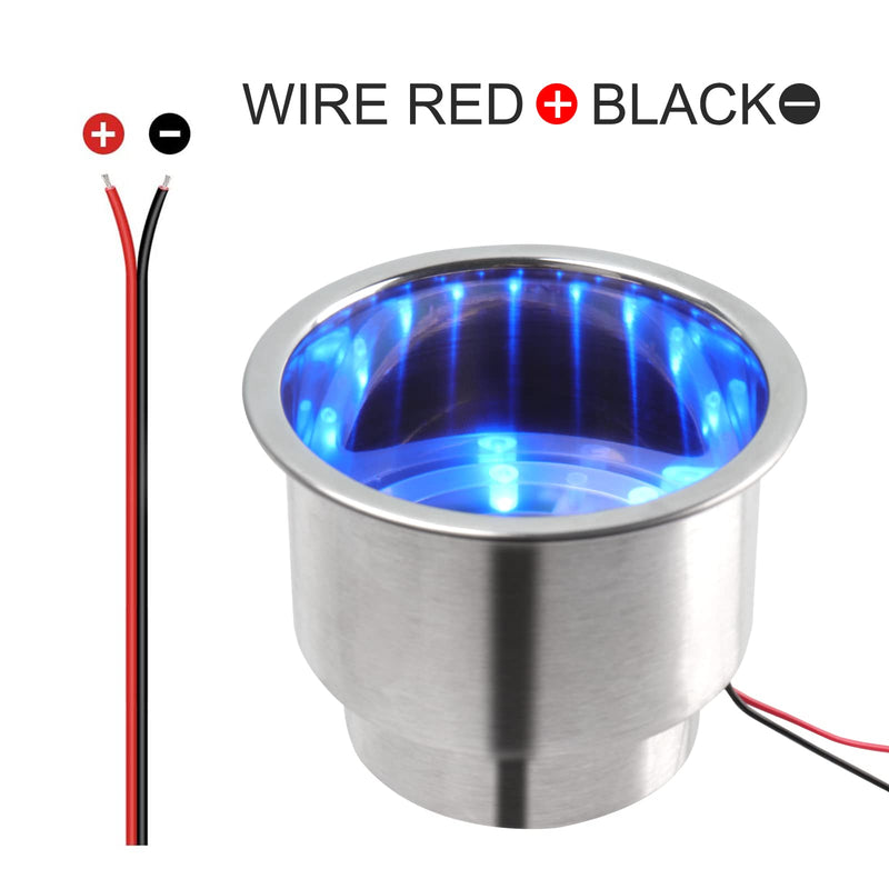 2PCS Boat Cup Holder, Stainless Steel Boat Cup Holder Insert, Blue Led Cup Holder Lights for Boat with Drain, 12V Waterproof Polished Drink Holder, Yeti Cup Holder for Marine, Boat, RV, Camper Blue*2