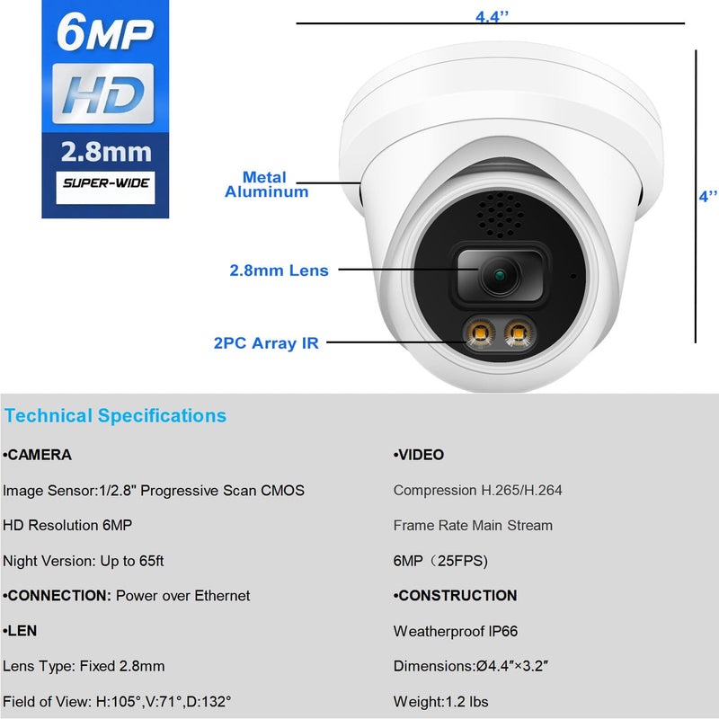 Real HD 6MP Add-On Full Color Night Vision Dome IP Camera for IP NVR Systems, with Visiable White Lights, 105° Viewing Angle, Outdoor, Compatible with Ⲏіk NVR, NDAA Compliant 6MP Turret POE Camera White
