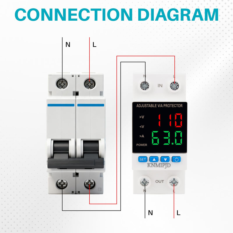 Adjustable Voltage Protector AC/DC 110V 63Amp Smart Breaker Adjustable Over Under Voltage Protection Double LED Display Voltage Current Intelligent Relays Reset Prote
