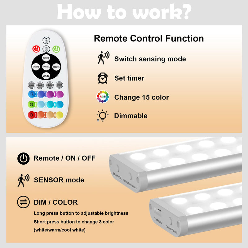 SZOKLED 58-LED Under Cabinet Lighting Wireless, RGB Motion Sensor Night Lights with Remote, 1100mAh Magnetic Under Cabinet Lights for Kitchen, Shelf, Stair, 15 Color (4 Pcs) Rechargeable / 4 Pack
