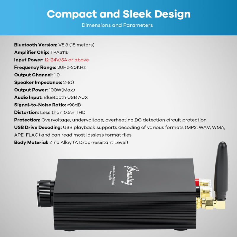 100W Bluetooth 5.3 Mono Amplifier, TPA3116 Audio Amp | with TWS Pairing USB/AUX Input, for Speakers/Home Theater/Gaming