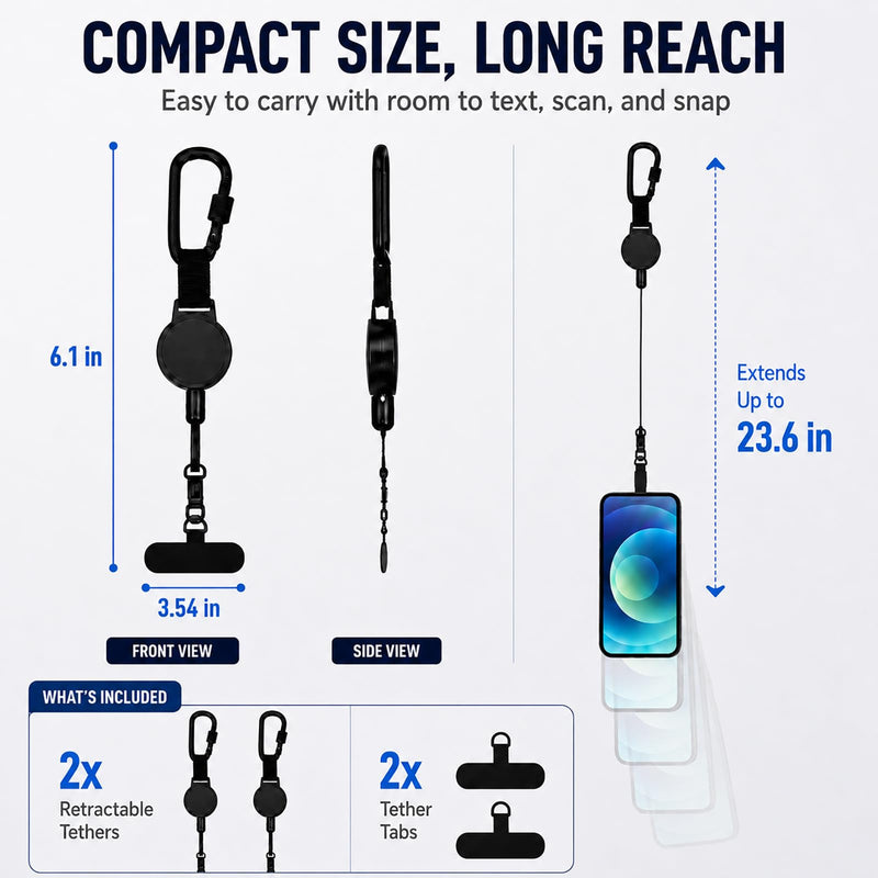 2 Pack Phone Lanyard Retractable Tether Anti Theft Wrist Strap Pickpocket Proof Safety Protection Leash Tab for iPhone Chain Men Accessories Cable Lock Security Cellphone Clip Belt