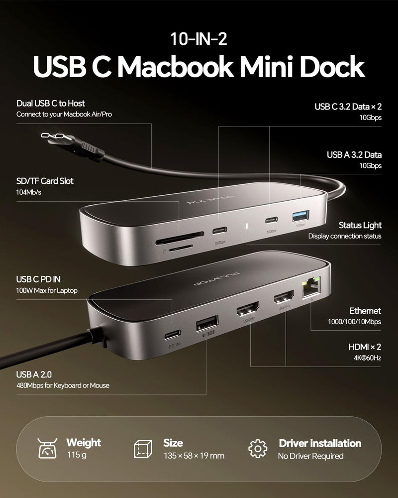 MacBook Pro Docking Station Dual Monitor 4K@60Hz for M5/M4/M3 Pro & Max | PULWTOP Mac Docking Station Dual Monitor, Macbook Pro Dock Hub with 2 HDMI, Ethernet, USB 10Gbps for Mac Multi-Screen Users Macbook Pro Docking Station Dual Display