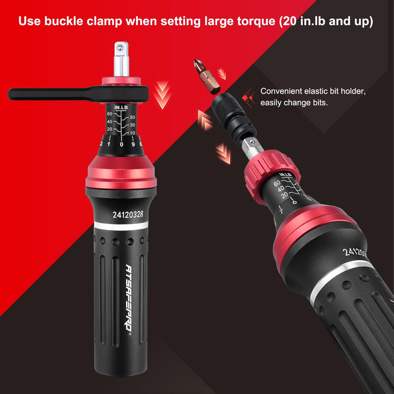 ATsafepro Torque Screwdriver 10-60 in.lb,21 Pcs Inch Pound Torque Screwdriver Set -1/4" Elastic Bit Holder and Bit Holder, Buckle Clamp, Flat, Hex, Torx, Philips, Fit for Bicycle, Tool Maintenance Mechanical - 10-60 in.lb/1.1-6.8 Nm