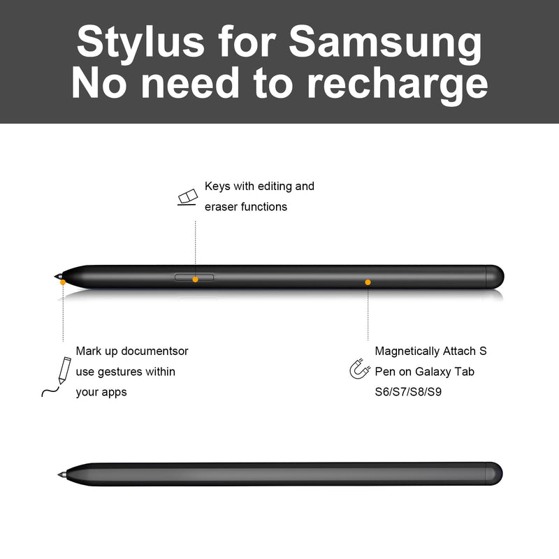 S Pen Stylus for Galaxy Tab S10/S9/S8/S7/S6 Lite, Black | 4096 pressure levels, magnetic attach, no charging required, 5 extra nibs and tweezers