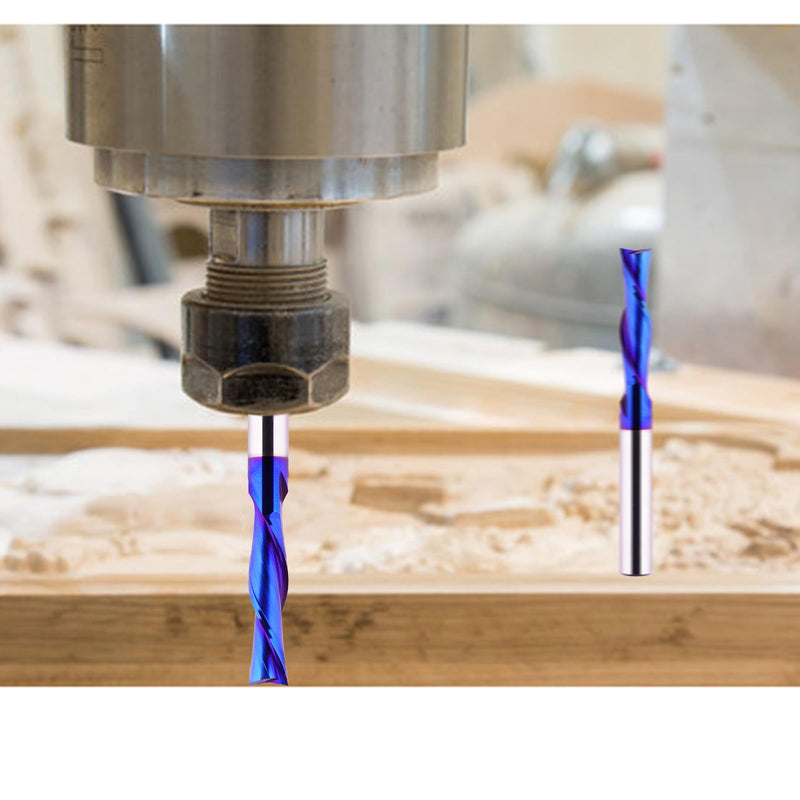 2PCS Spiral CNC Router Bit Down Cut 1/4 inch Shank Solid Carbide End Mill Tools with Blue Nano Coated for Wood Carving Engraving 2 PCS